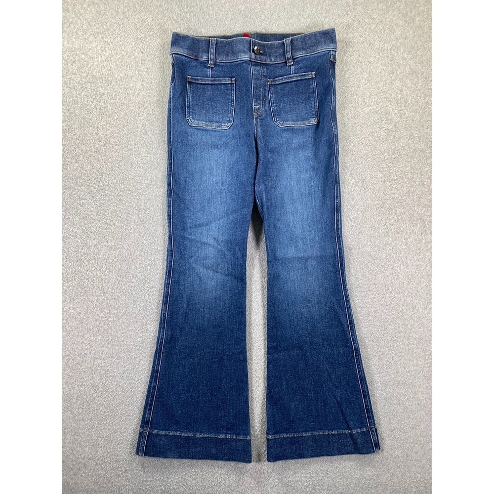 Spanx Jeans Women's Medium Flare Pull On Stretch Blue Dark Wash Patch Pocket